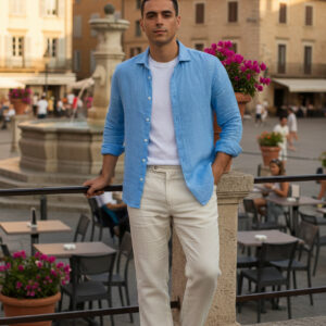 premium sky blue european linen shirt — by le kane
